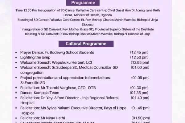 Program for the Inauguration and blessing ceremony of SD Cancer Palliative Care Centre Jinja and SD convent